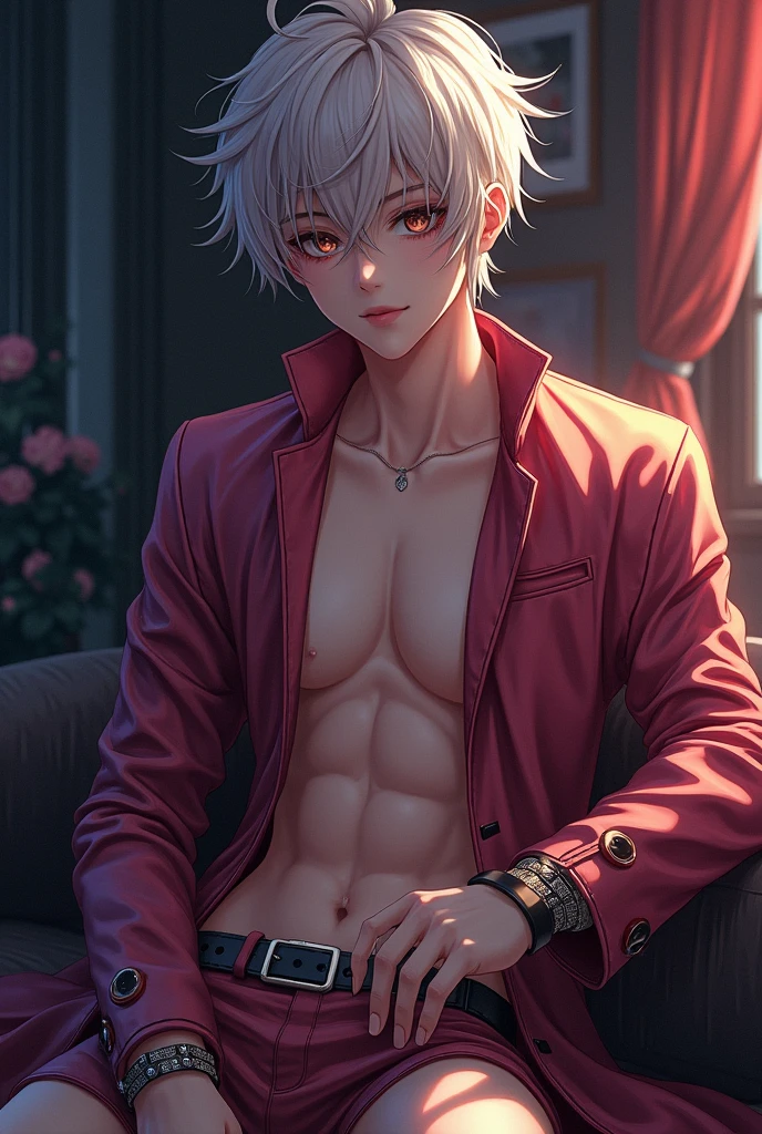 (absurd, A high resolution, ultra detailed, HDR), masterpiece, Best quality, Portrait of a boy, attractive guy with red eyes, detailed face, professional photo, Мужчина Алафед shirtless, Fight comfortably，legs open, (down jacket(from below:1.1)), Focus on your audience,18 year old boy, attractive guy, [ Firmly defined body ]，shirtless，The body is wrapped in a white bandage，press，pectoral muscle，short white trousers，large bulge，white shoes，