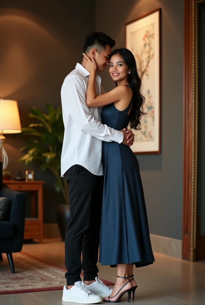 Create a realistic photograph of a smiling and beautiful indian actress in blue satin is carrying a large stout man on her shoulders in a room, man is sitting on top of her shoulders , man on top, woman standing at bottom
