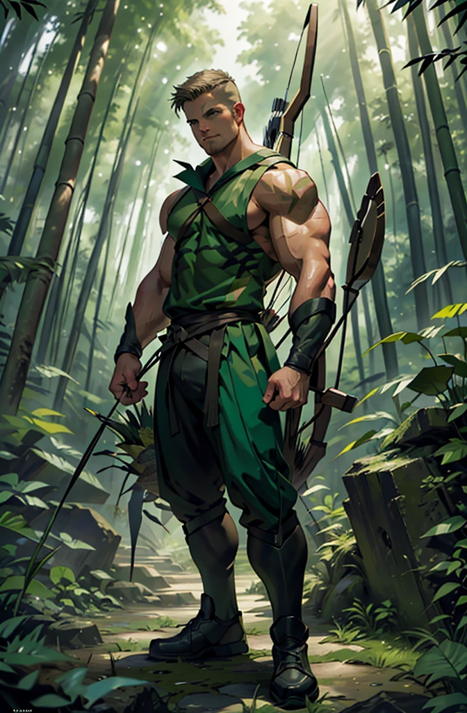 Stephen Amell as the green arrow costume with a bow and arrow, standing in a bamboo forest, 32k, hyper detailed, photorealistic, masterpiece, vibrant colors, dynamic lighting, cinematic composition, intricate details, lush foliage, dramatic shadows, powerful hero pose