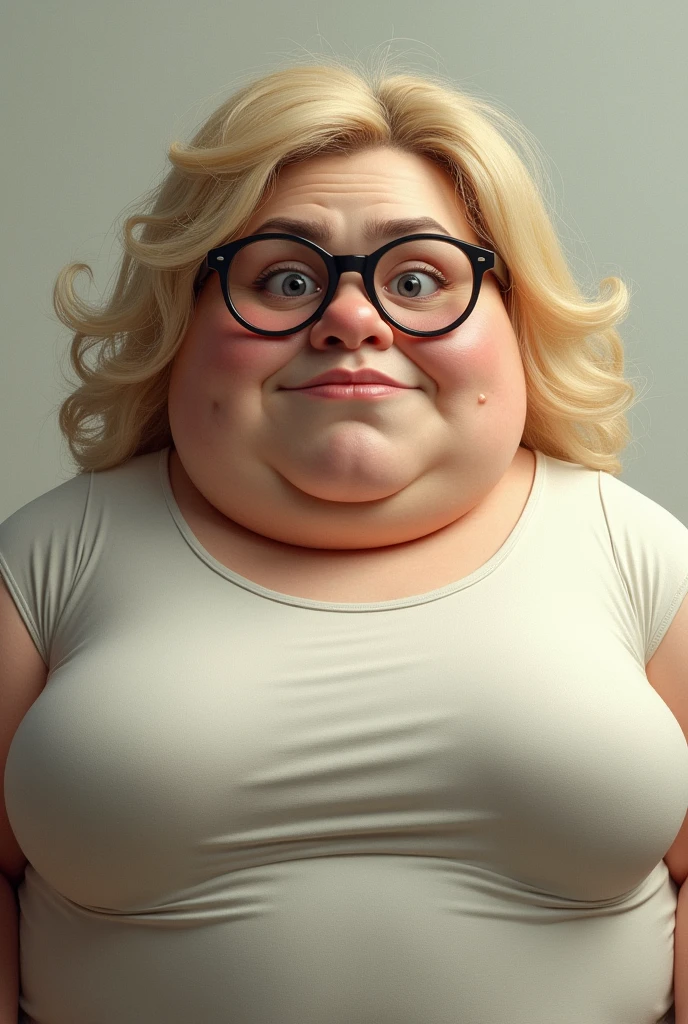 A very obese and fat woman, she weighs 500kg, has red hair and white skin, has a huge belly and wears headphones and is producing milk.