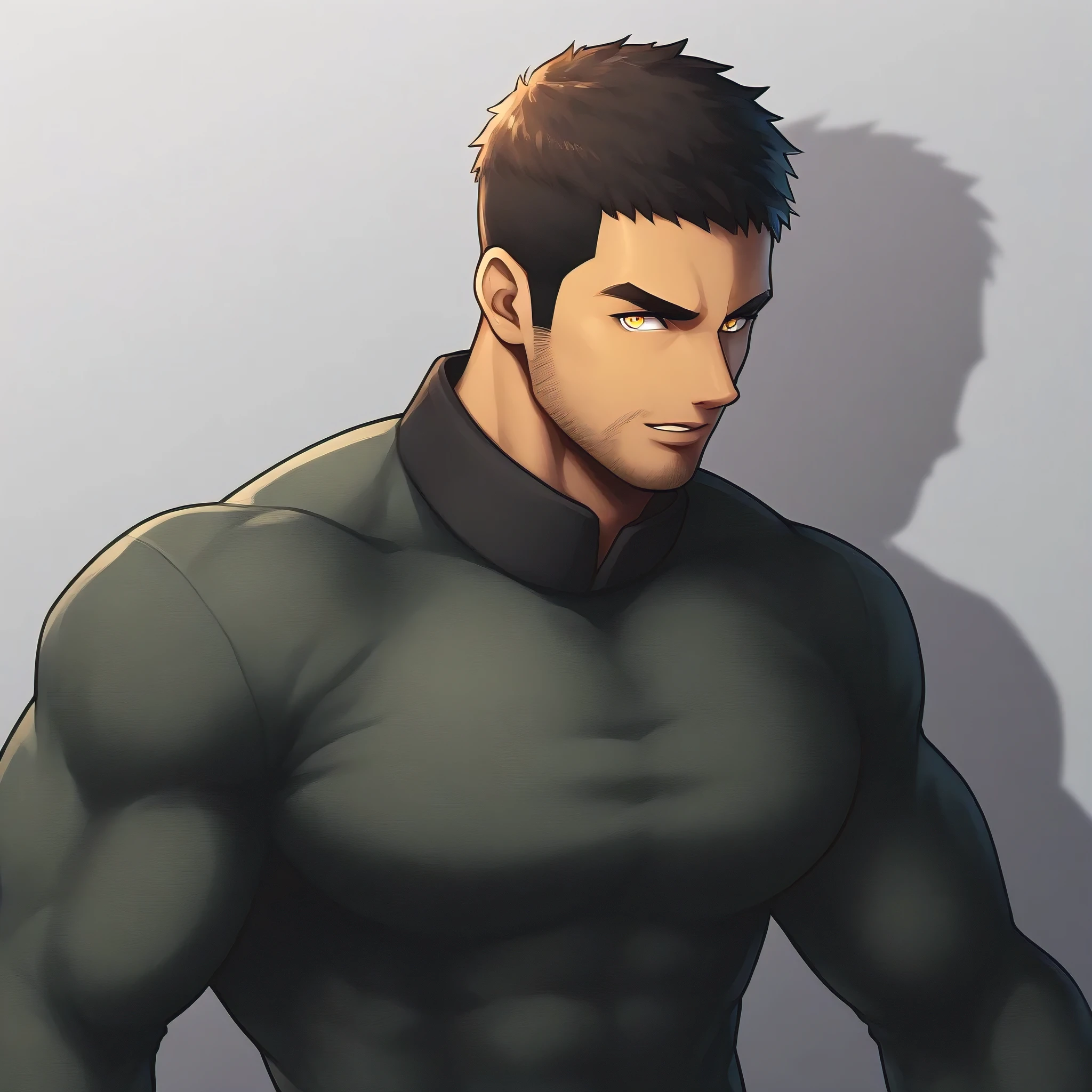 anime characters:Gyee Chris Redfield, Muscle Sports Student, negro black skin, 1 dark skin muscular tough guy, Manliness, male focus, Camouflage pattern high collar tight long sleeve T-shirt, Slightly transparent material, Very tight, Round, full and perky chest muscles, Slightly transparent, muscular male, muscular, only, Upper body, alone, Black short hair, Thick eyebrows, stubble, Yellow eyes, Grey background, simple background, amazing quality, best aesthetics, Ridiculous, bright pupils, crew cut, parted lips, seductive smile, torogao, naughty face, drop shadow, best quality
