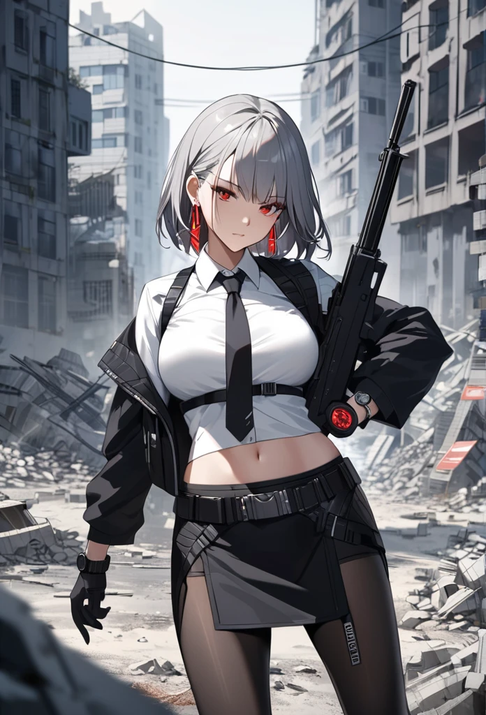 One girl, Close-up shot, (Gray Hair, Medium Hair, Large Breasts, Red eyes), Perfect Anatomy, city, Cyberpunk Style, ((White shirt, Black jacket, Black Skirt, belly button, belt, Black gloves, tie, watch, Earrings, Sheer black leggings)), ((Possession of a gun)), war, ruined city, battlefield, rubble, building,cigarette