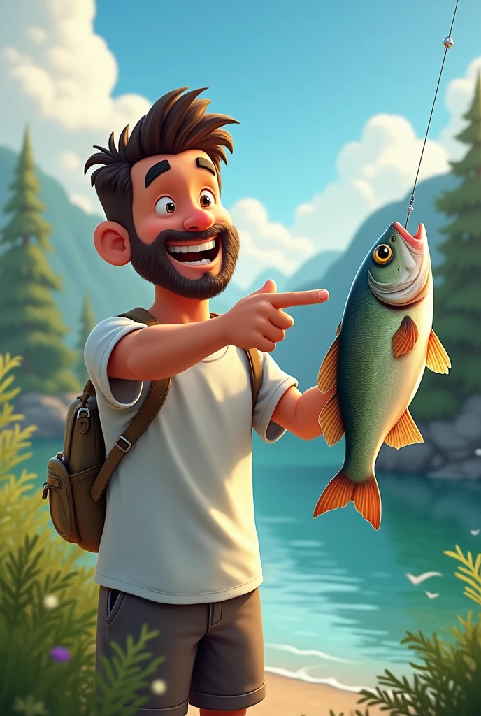 A man with fish in his hand and nature in the background