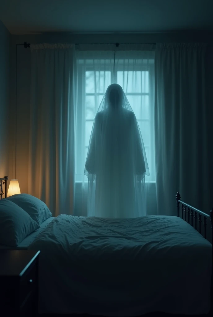 A dark bedroom at night, illuminated only by a faint, cold light seeping through the window. Edward lies in his bed, his expression frozen in terror as he stares at the foot of the bed. The vengeful bride stands there, her ghostly form partially translucent, her gaze locked on him. The room is filled with an oppressive, chilling atmosphere, as if the air itself is heavy with dread.