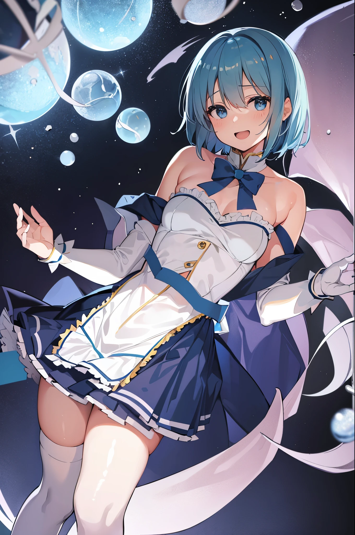 1young_teen_girl,Sayaka Miki,(puella magi madoka magika), large_breasts,blue_bra_over_chemise,curler,bare_shoulder,pleats_skirt,white_cape,cloak,shoes,aquablue_short_hair,globe,knees,(bare_belly:1.2),navel_ornament,thigh-highs,dynamic_standing,smile,open_mouth,(abs:0.8)