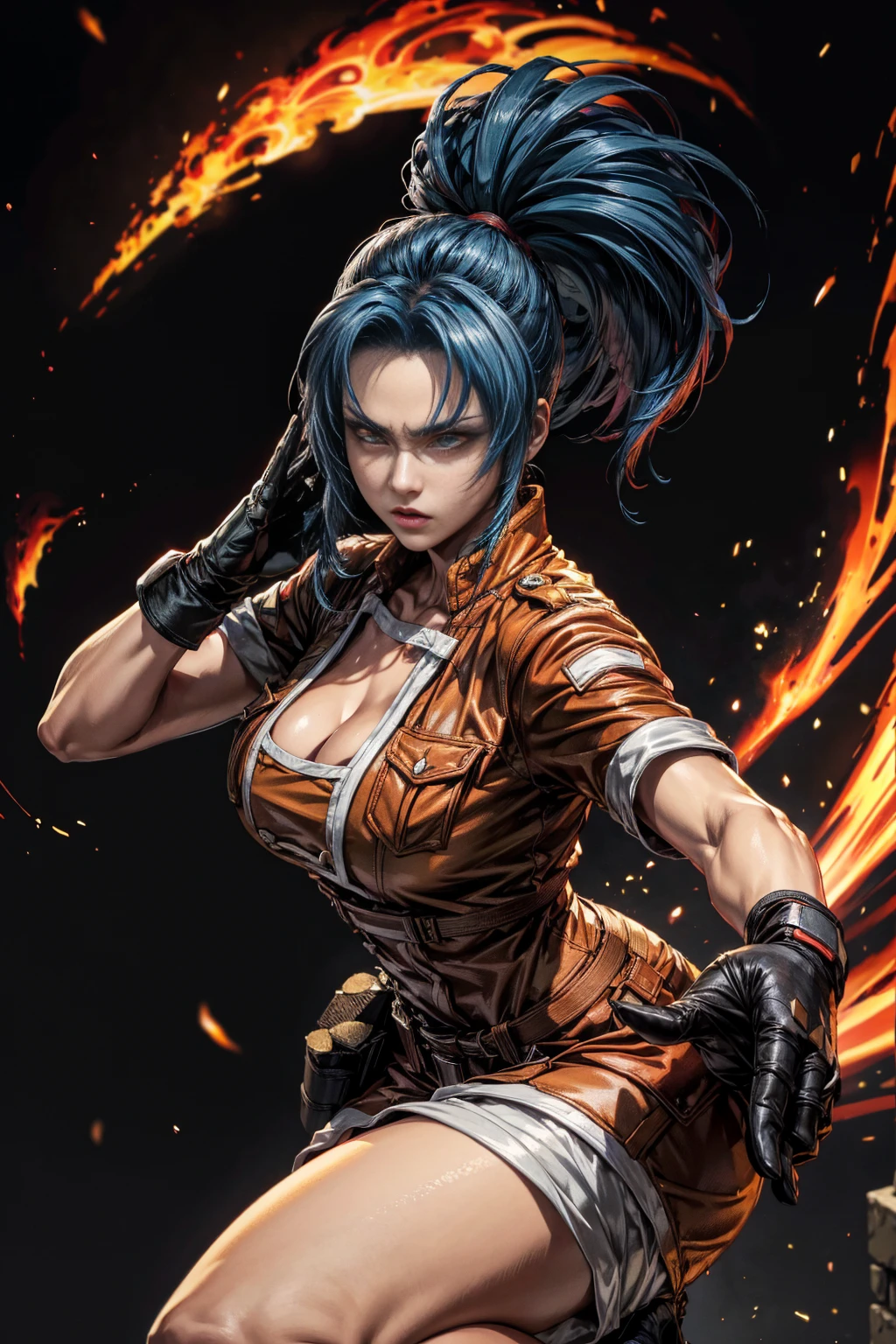 Leona Heidern, a formidable fighter from the King of Fighters franchise, mid-transformation into her powerful Orochi form. With a dramatic backdrop of swirling, fiery energy, Leona's typically stoic gaze is intense and unwavering as she embraces the ancient and volatile spirit of Orochi. Her once blue hair has begun to transform into a vivid, fiery red, with each strand taking on the intensity of the burning embers that dance around her. Her hair has grown longer and more voluminous, forming into a spiky ponytail that whips around her as if driven by an unseen force. The transformation has also affected her attire, with her usual military-inspired outfit now adorned with crimson and gold accents that resonate with the Orochi power surging through her. Most notably, her right hand has morphed into a terrifying claw-like structure, while her left hand remains in a fixed, bladed stance, both ready to unleash devastating attacks. Her index finger on her right hand is elongated and sharp, reminiscent of the deadly Orochi tail it represents. This pivotal moment is captured in stunning 8k resolution, allowing viewers to discern every intricate detail of her transformation, from the tension in her muscles to the texture of her clothing, all rendered with vivid color and dynamic shadows that enhance the intensity of the scene.