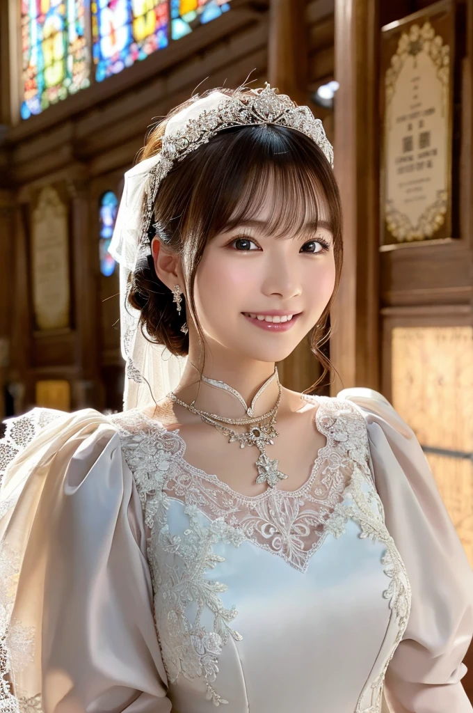 8k、High definition、Ultra Detail、Photorealistic、High resolution、Realistic and accurate depiction、Realistic and accurate human anatomy、Best Quality、Japanese women 、beautiful girl、(Tabletop、Best Quality、8k、Extremely detailed and intricately detailed、The most complex and detailed textures、超High resolution)、(1 bride:1.1)、The most gorgeous wedding dresses、Wedding Lace、Best Qualityの巨大なティアラ、Best Qualityの巨大なネックレス、The most elegant decoration、(全身のphotograph:1.2)、最も神聖なchurchの儀式、church、スタイリッシュでエレガントな現代的なchurch、Delicate and gorgeous stained glass、photograph、The best smile when you see me、The most lavish wedding、超High definitionビューティーフェイス、超High definitionヘア、超High definitionキラキラ瞳、超High resolutionの艶やかな唇、Accurate anatomy、(Very bright and vivid:1.2)、(超High definition輝く純白肌:1.1)