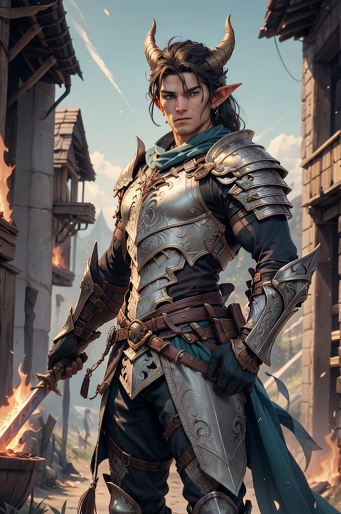 "Standing at 6'2" tall, the male Warrior stands before you with a lean and muscular frame, covered in gleaming plate armor. His skin is a deep, olive tan, a testament to his mixed heritage - half tiefling, half elf. Deep crimson horns sprout from his forehead, curving back behind his pointed ears, while his slitted, reptilian eyes flash with determination. Despite his elven half, there is a subtle hint of fire in his gaze, hinting at the fiendish lineage that runs through his veins."
Height: 6'2" (188 cm)
Weight: 180 pounds (82 kg)
Chest: 42-44 inches (106-112 cm) 
Waist: 33-35 inches (84-89 cm)
Hips: 39-41 inches (99-104 cm)
The half-elf, half-tiefling has glossy, jet-black hair that falls just below his shoulders. It's usually kept pulled back in a loose ponytail, revealing the sharp angles of his face and those intimidating red horns. The hair has a slight wave to it, adding to its untamed appearance, and it shimmers with a hint of purple when the light catches it just right.
Warrior's Armor
Description: The Warrior's armor is a set of custom-made platemail, crafted to fit his unique anatomy and provide maximum protection on the battlefield. The armor is made of fine, dark steel, each piece carefully shaped and reinforced to ensure durability and flexibility. The armor features intricate, embossed patterns the swirl and dance across the surface, resembling ancient symbols and runes.

Greatsword
Description: The Warrior's greatsword is a colossal weapon, expertly balanced and crafted to maximize its destructive power.