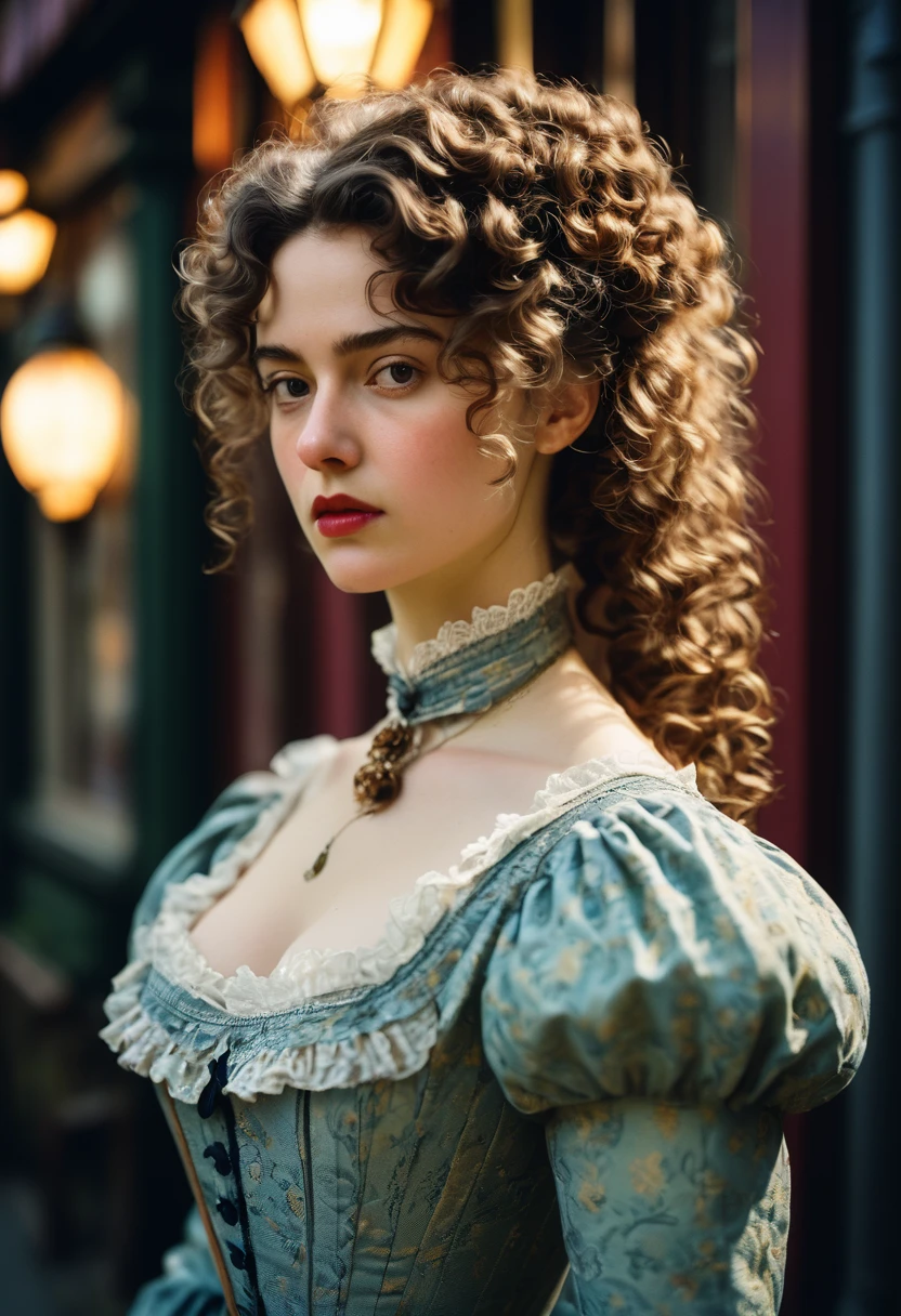 (a closeup of a beautiful  on a 19th century street in a vintage dress), (Serious:0.5), (Highly detailed face:1.4), ass pov, Nikon D850, film stock photograph, 4 Kodak Portra 400, camera f1.6 lens, saturated colors, hyper realistic, lifelike texture, dramatic lighting, Cinestill 800, 19th-century Victorian style, Evening, Vintage lighting, Medium curly hair