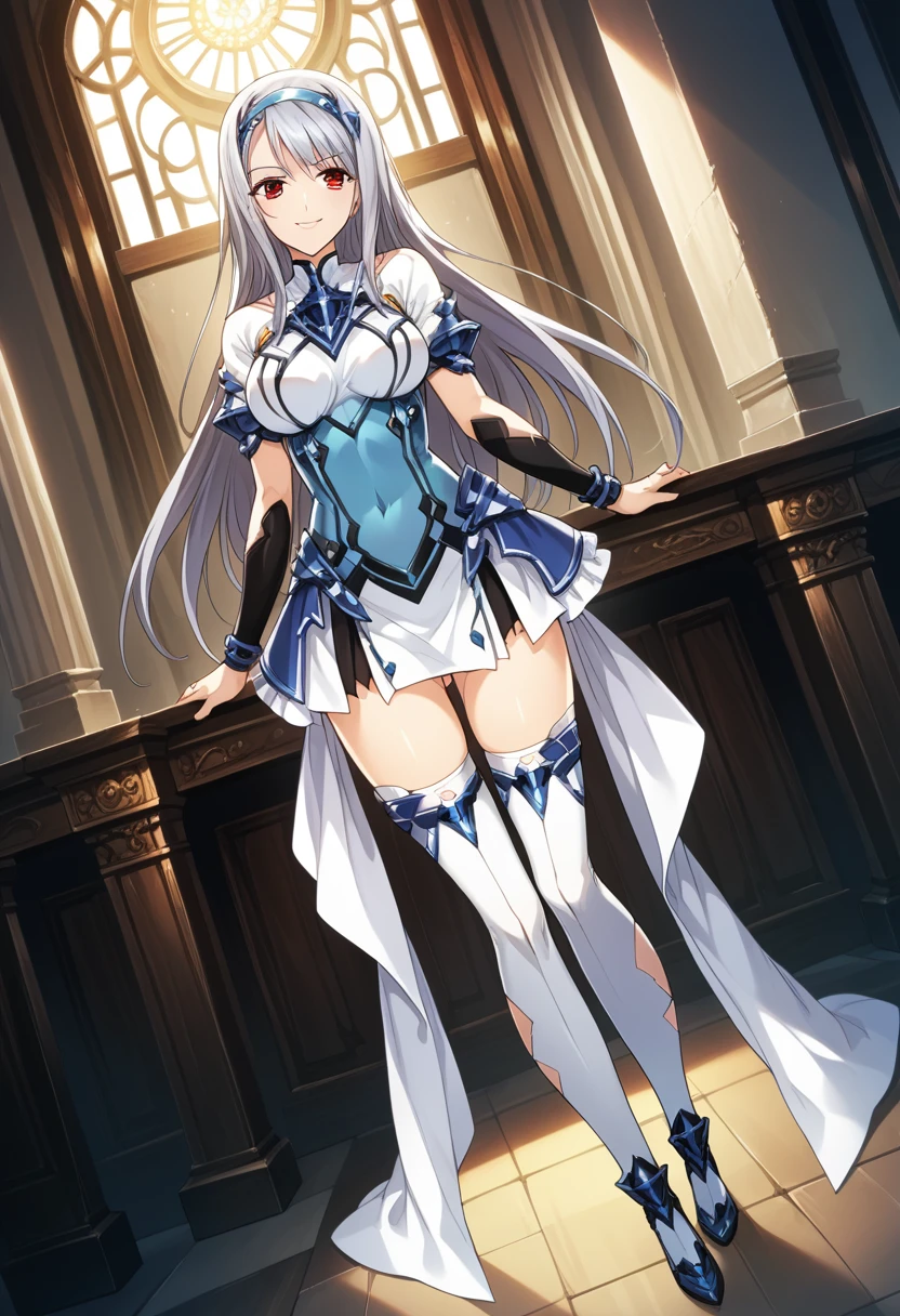 masterpiece, Highest quality, Anime Style,Official Art Beautiful Lighting, ,Noise Reduction,perfect anatomy,high resolution, ultra-detailed,game cg,dutch angle ,beautiful detailed eyes,visualart,five fingers, perfect hands, perfect lighting,1girl,ellis xillia,magical girl,hairband,hair ornament,white thighhighs, (full body), red eyes,(Silver Hair:1.2),(evil smile:),Blue and white outfit,
