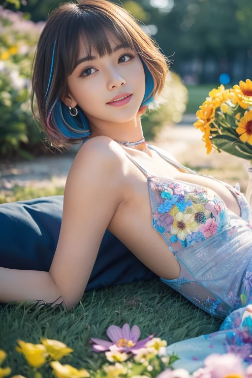 Anime girl in 80s anime style sitting in a field of flowers and looking at the camera, make it very sexy and smiling. pastel color without clothes and with a big penis in her mouth