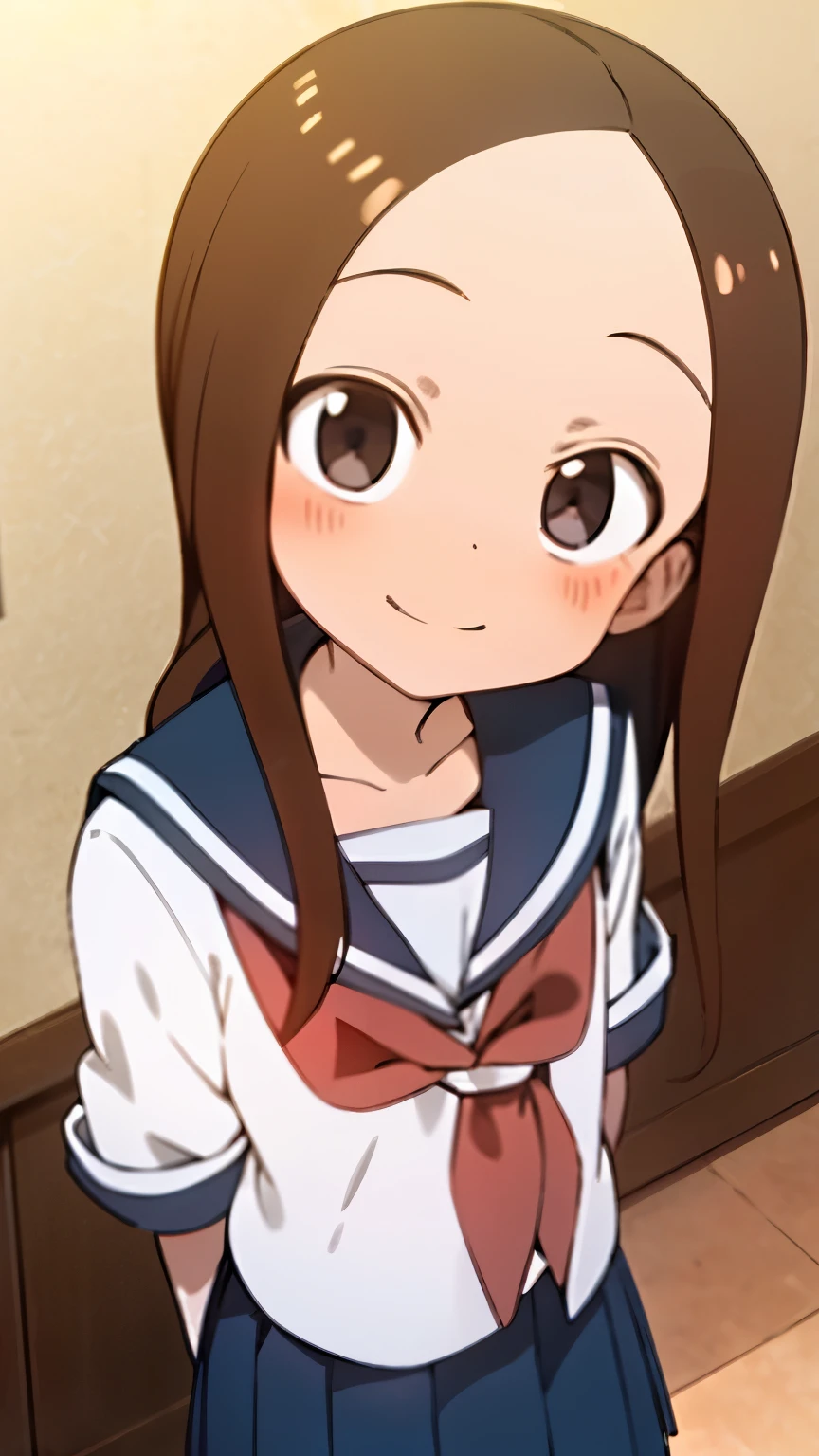 { masterpiece : best quality : high resolution : unity 8k wallpaper : illustration : beautiful detailed eyes : extremely detailed face : perfect lighting : extremely detailed CG : perfect hands : perfect anatomy } {} { classroom }  { 1girl : Takagi : cute_face : long_hair : forehead : lolicon  : Perfectly_small_shaped_breast : Perfectly_fit_body  : smile : school_uniform } { standing }