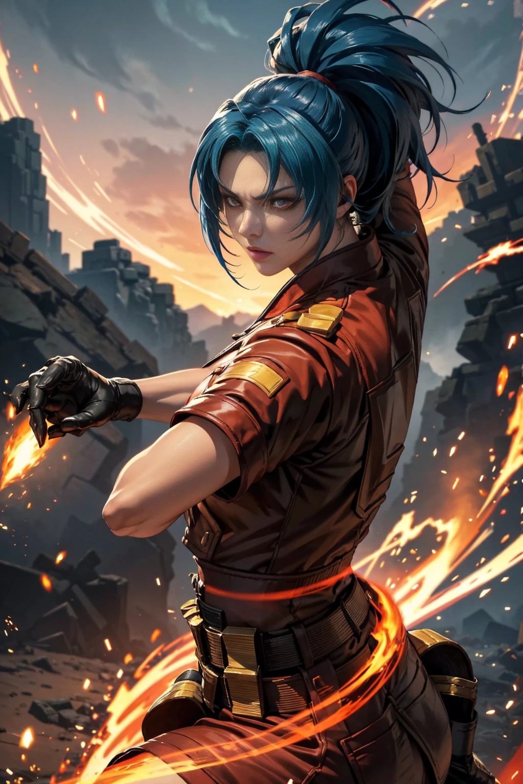 Leona Heidern, a formidable fighter from the King of Fighters franchise, mid-transformation into her powerful Orochi form. With a dramatic backdrop of swirling, fiery energy, Leona's typically stoic gaze is intense and unwavering as she embraces the ancient and volatile spirit of Orochi. Her once blue hair has begun to transform into a vivid, fiery red, with each strand taking on the intensity of the burning embers that dance around her. Her hair has grown longer and more voluminous, forming into a spiky ponytail that whips around her as if driven by an unseen force. The transformation has also affected her attire, with her usual military-inspired outfit now adorned with crimson and gold accents that resonate with the Orochi power surging through her. Most notably, her right hand has morphed into a terrifying claw-like structure, while her left hand remains in a fixed, bladed stance, both ready to unleash devastating attacks. Her index finger on her right hand is elongated and sharp, reminiscent of the deadly Orochi tail it represents. This pivotal moment is captured in stunning 8k resolution, allowing viewers to discern every intricate detail of her transformation, from the tension in her muscles to the texture of her clothing, all rendered with vivid color and dynamic shadows that enhance the intensity of the scene.