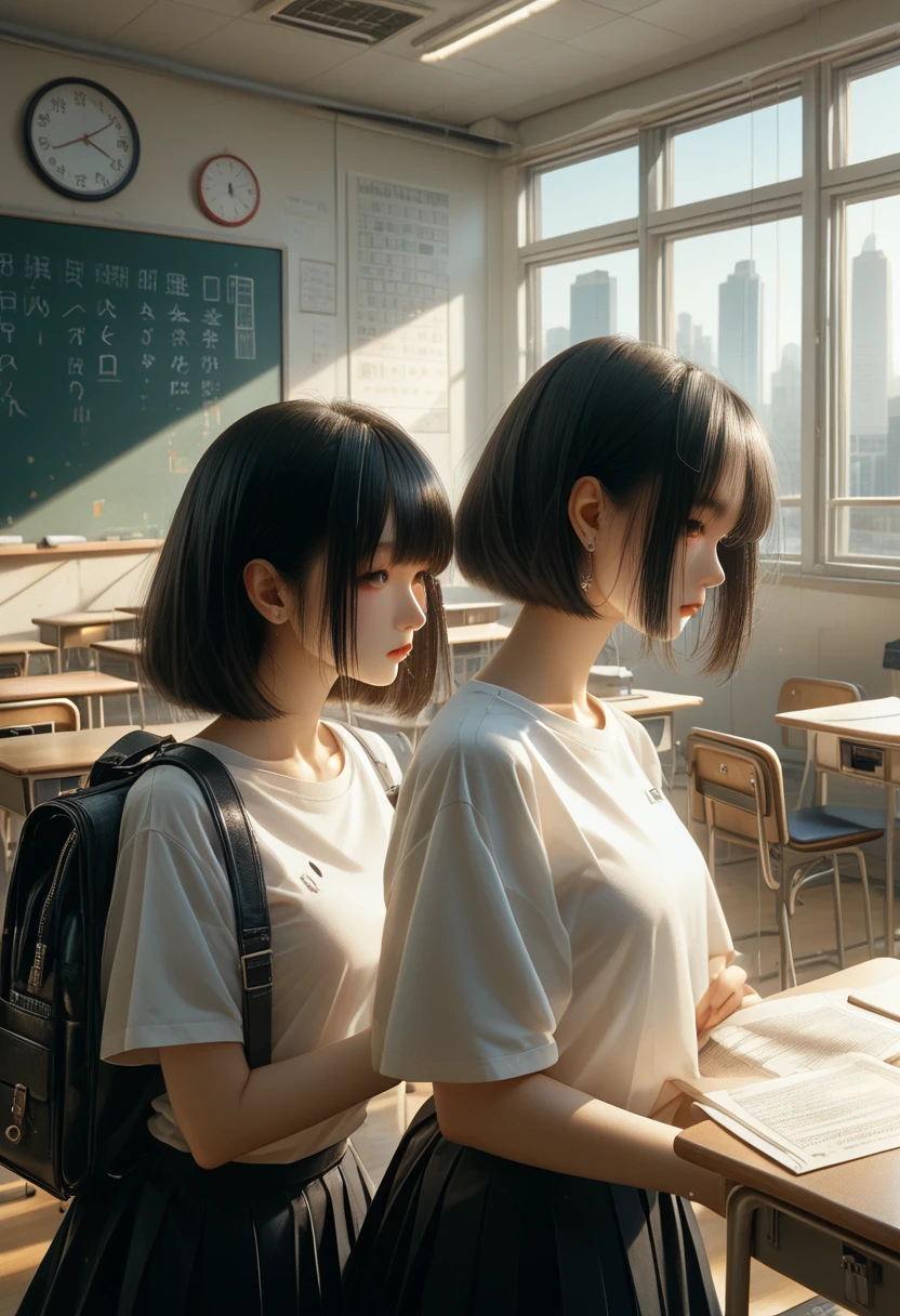 At noon, in the classroom, two female proctors walked into the classroom, holding top secret file bags, two female proctors wearing white T-shirts and short black hair, this female proctor looked at the camera, the lens mainly featured the upper body, in the Lofe art style ((Xinhai City), popular in CGStation, Xinhaicheng H 2160, inspired by Bian Shoumin, Xinhaicheng, Kavasi, Guwitz's style, high-quality pictures, 4K, 8K, resolution,