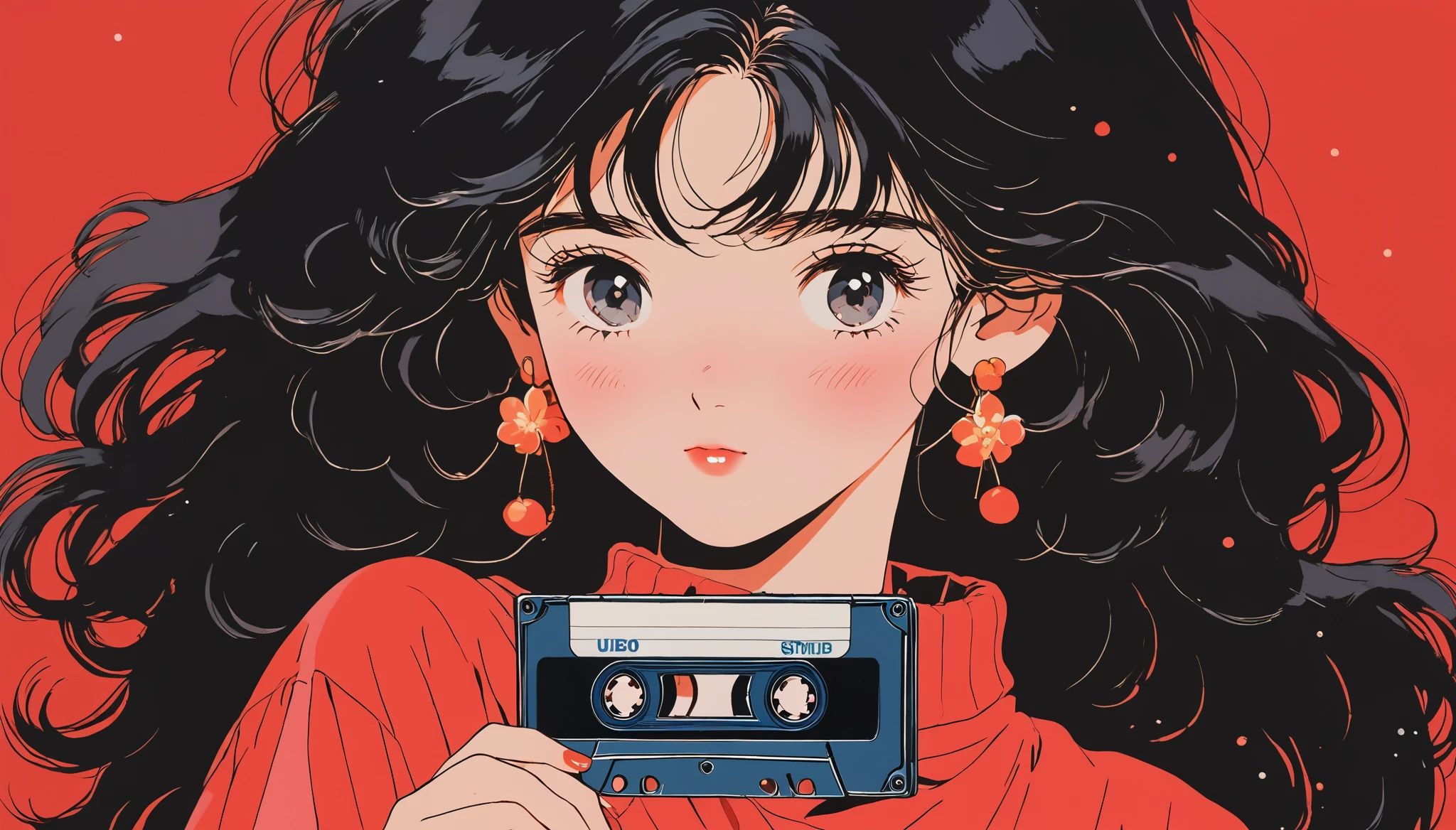 90's anime style, 1990s style, clear, 1980s style, (blush:1.7), the highest quality, 8k, 1 woman, Only, lofi girl, lofi art, lofi feeling, looking at the viewer, very big eyes, wearing 1980s clothes, upper shot, close up, smiling, light brown eyes, skin white as snow, sparkling eyes, black hair, wavy hair, anime girl holding cassette tape with her hand, solid red background with no other elements, the main focus is on the girl and the cassette tape