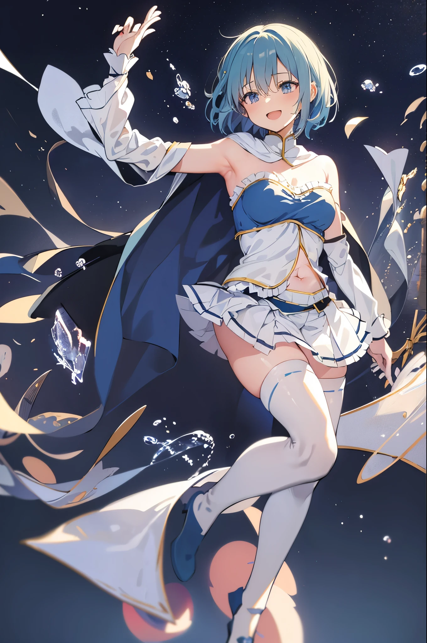 1young_teen_girl,Sayaka Miki,(puella magi madoka magika), large_breasts,blue_bra_over_chemise,curler,bare_shoulder,pleats_skirt,white_cape,cloak,shoes,aquablue_short_hair,globe,knees,(bare_belly:1.2),navel_ornament,thigh-highs,dynamic_standing,smile,open_mouth,(abs:0.8)