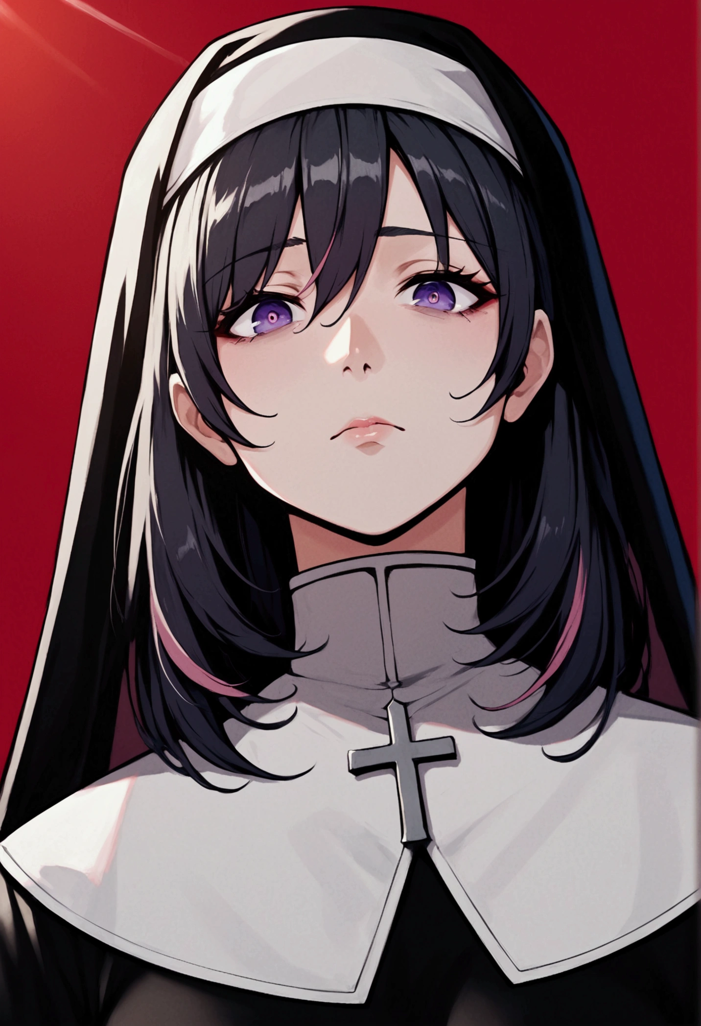 (masterpiece, best quality), 1girl, beautiful face, shirt, short black hair, pink eyes, juicy lips, seductive face, nun outfit, inside church, perfect lighting, , huge breasts,breasts