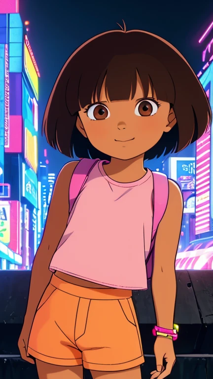 (1girl, solo, highly insanely detailed, masterpiece, top quality, best quality, highres, 4k, 8k, RAW photo),((innocent look)),((Childish)),From the front, symmetrical composition,smile,cute,Innocent,Kind eyes,Flat chest, (Akira - Movie(1988)), (cyberpunk), night, neon light city, solo, Dora,  brown eyes, flower, dark-skinned female, (tan), bob cut, pink shirt, orange shorts, bracelet, backpack,