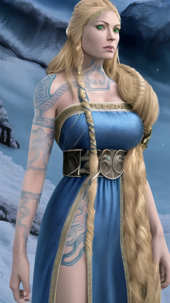 Masterpiece, highest Quality, Highest Resolution, ultra realistic, 1girl, solo, long hair, breasts, blonde hair, detailed background, dress, bare shoulders, green eyes, braid, lips, strapless, tattoo, blue dress, hair over shoulder, corset, arm tattoo, shoulder tattoo, Snowy mountain setting, behind view, sunset, facing away from viewer, behind view, from behind,