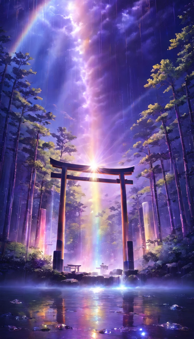 rainbow色、rainbow、rainbow色の世界、sun，Dazzling Light，Light，Shine，torii，waterfall，Streaks of Light，High resolution, High resolution, 8k, Masterpiece 2:1,16k, 超High resolution, 超High resolution, Born,wonderful ,future、rainbow色の、The world 30 years from now。