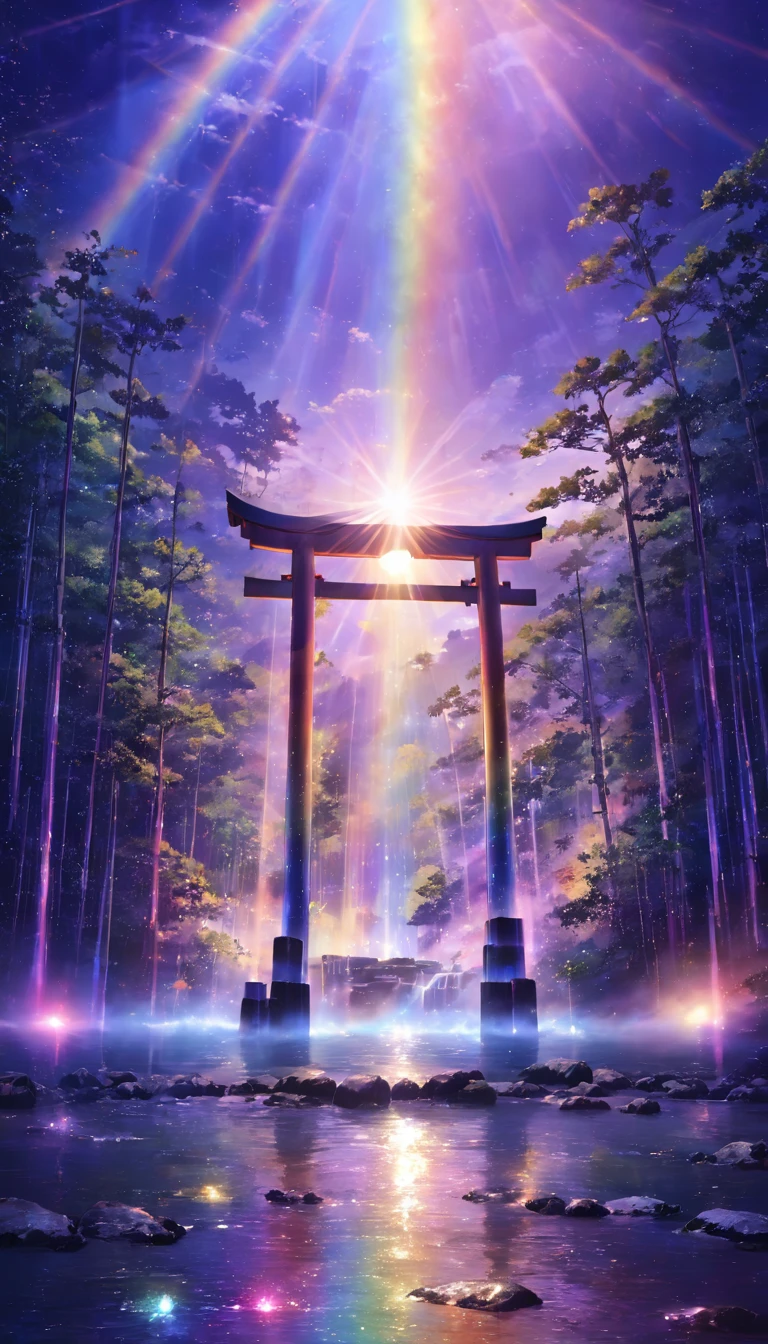 rainbow色、rainbow、rainbow色の世界、sun，Dazzling Light，Light，Shine，torii，waterfall，Streaks of Light，High resolution, High resolution, 8k, Masterpiece 2:1,16k, 超High resolution, 超High resolution, Born,wonderful ,future、rainbow色の、The world 30 years from now。