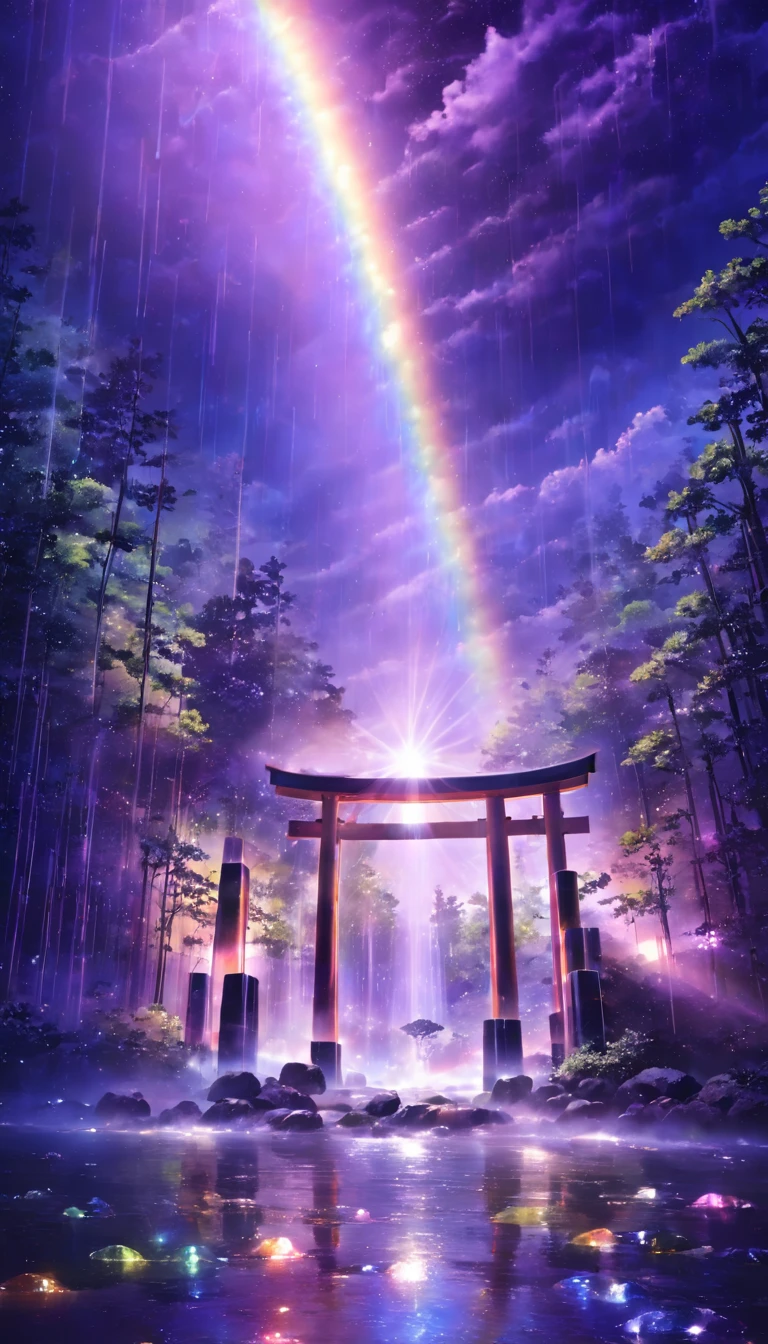 rainbow色、rainbow、rainbow色の世界、sun，Dazzling Light，Light，Shine，torii，waterfall，Streaks of Light，High resolution, High resolution, 8k, Masterpiece 2:1,16k, 超High resolution, 超High resolution, Born,wonderful ,future、rainbow色の、The world 30 years from now。