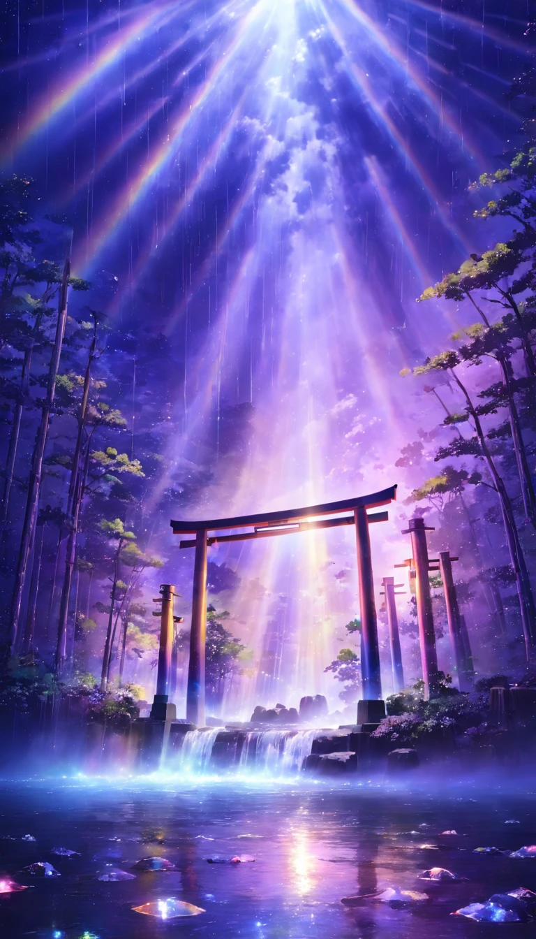 rainbow色、rainbow、rainbow色の世界、sun，Dazzling Light，Light，Shine，torii，waterfall，Streaks of Light，High resolution, High resolution, 8k, Masterpiece 2:1,16k, 超High resolution, 超High resolution, Born,wonderful ,future、rainbow色の、The world 30 years from now。