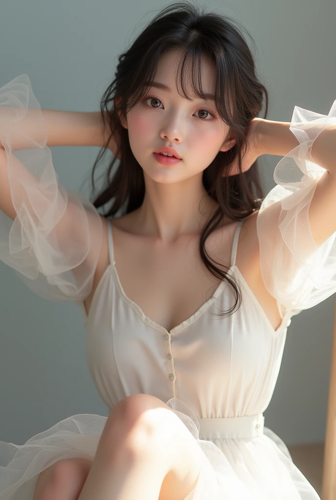 NSFW, 2 girl、super detailed face, happy, (15 years old:1.5), black hair、long hair、(big breasts:1.5), have cleavage、carvery, I can see your belly button、 (see-through white camisole, see-throuch ultra tiny panties:1.5), Log Houses, log cabin, warm lighting、 on the bed、(laying on ones back:1.6)