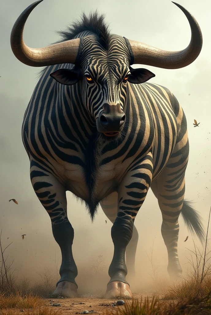 "A hyper-realistic image of a majestic bull with large horns standing atop a pile of human skulls. The scene is set against a dramatic sky, with the bull gazing proudly into the distance. The skulls are scattered beneath the bull's hooves, adding a sense of power and dominance to the image."
