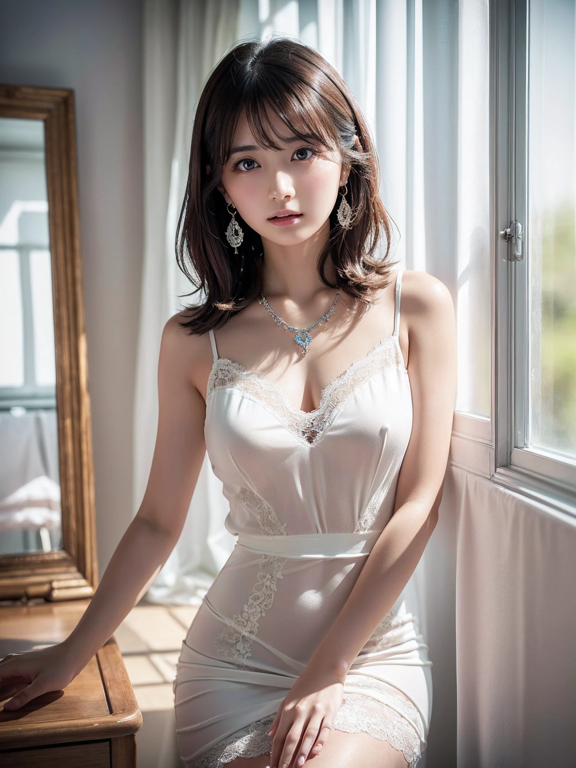 ((Tight Dress 1.5)))、Small breasts, (((とてもエレガントでbeautiful, Perfect detail, Very detailed))), whole body, The most detailed girl, Written boundary depth, 美しくdetailedなwhole body, Thin legs, 1 person, Age 30, Very short hair, Spiked Hair, Brown Hair, beautiful detailed hair, Perfect Face, Expressionless, beautiful, detailed, Deep Eyes, Please open your mouth a little., Delicate arms and hands, Pale skin, Earrings, beautiful and gorgeous necklace, Colorful background, HD Backgrounds, Blurred Background, とても繊細でbeautiful, masterpiece, (((Best Quality, とてもbeautiful8K CG壁紙))), (((Medium Hair))), (Inside the room,Stylish white interior,window、Lace curtains)、Glowing Skin、Shiny Hair、Be sure to watch your audience、Random pose、Narrow waist