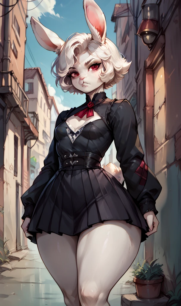 anthropomorphic rabbit woman, short fluffy white hair, white rabbit, small breasts, attractive, (gothic clothes), shapely body, rabbit tail, large thighs, large, freckles, freckles on face, red eyes, (serious expression), she is standing, in a dark alley.