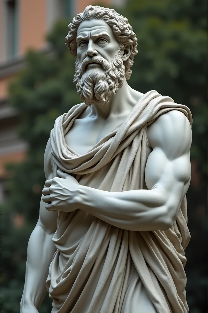 A realistic Greek white marble statue in profile of Socrates wearing a ghostly toga, fundo neutro, Moody, , fotorrealista, cinematographic scene, super detalhada, hiper realista, luzes brilhantes, 8 K --auto --s2
