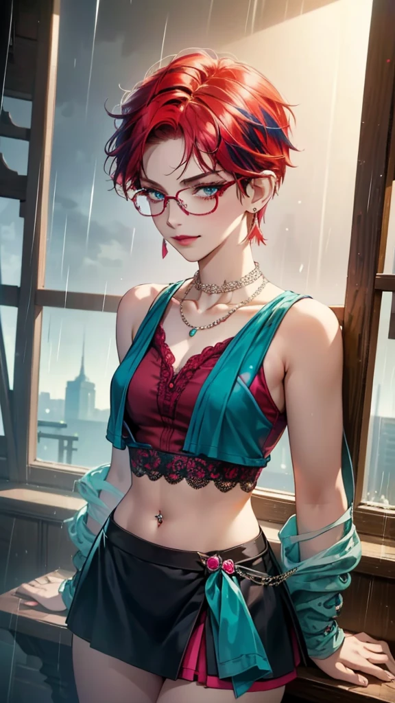 8k, masterpiece, best quality, highly detailed, 1 girl, tiefling, warlock, pixie cut, multicolored hair, very short straight hair, red highlight hair on white hair, strippled hair, wearing glasses, round glasses, earrings, navel piercing, red eyeshadow, long eyelashes, blushed cheek, red lips, pearl necklace, rings, collarbone, mole on face, glamorous, teal and pink clothes, sleeveless, miniskirt, laced dress, smirk, close up view, rings, looking at viewer, standing, stromy, rain, heavy weather, casting spells.