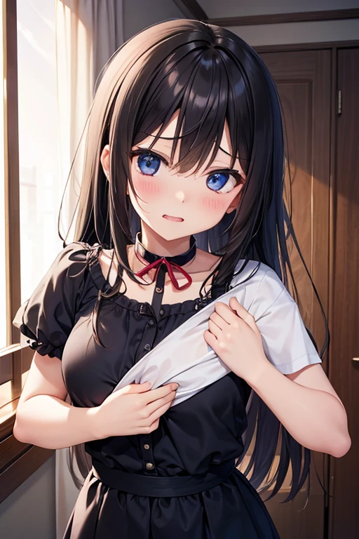 Main piece、high quality、High resolution、1 girl,single, Ruka Sarashina、jewelry、skirt、Maid uniform that exposes the breasts、Japan maid café、Woman with black hair、short hair、black hair、black pantyhose, Blue eyes, long sleeve, blue hair band, bangs, big full breast, cleavage, Medium waist, medium hips, wide thighs, Cowboy photos, smile, fascinating, embarrassing, blush、lots of people, looking at the viewer,From above、high angle,very big breasts、cleavage、Well good、no panties、no panties、Very short skirt、nipple、Serve nipple、Milk spurts out of nipple、Milk drips from nipple、whole body、Nipples、Exposing the breasts、show pussy、Spread your legs、Open your mouth
