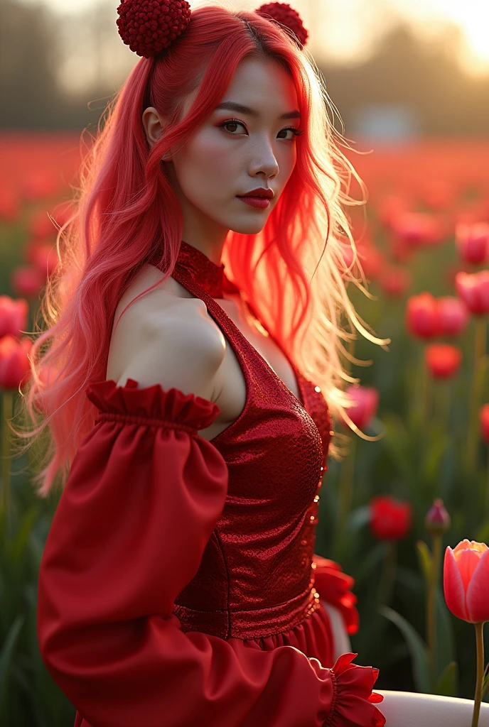 (masterpiece), best quality, ultra-detailed, 1024k UHD wallpaper, ultra-high resolution, depth of field, soft, Dreamlike, HDR, Ray tracing, RTX, high saturation, high contrast, photon mapping, best texture quality, best compotitions, (extremely detailed CG 1024k wallpaper), High Details, Detailed face, Detailed Clothes, Ultra HD Photo, Perfect Face, Full Body, (Angle from back), (Back body), ((Josei, Adult Female, Milf)), (Pink Shine Bright Hair), (Long Thick Straight hair), (Red Roses flower Hair Decorations), (Blue shine Bright Eyes), (Thick Eyeslashes, Long Eyeslashes, Mascara), ((Beautiful Girl, Beautiful Face, Beauty face)), Mezmerize, Sexy Body Perfect, (Large Breast), ((Beautiful luxury Elegant Long Dress, Red Dress, Red Shining shawl)), Closed Lips, Glossy lips, Little Smile, (Red Roses flower garden Background)), (Glitter Particles), (Red Roses petals), (Walking), standing, blurry background,