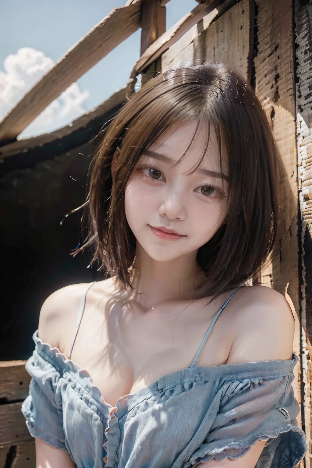 Highest quality, masterpiece, Ultra-high resolution,8k, (Realistic:1.6), (Close-up portrait:1.4) RAW Photos,((Omotesando駅))、 ((Off-the-shoulder pleated mini skirt)),((Nipples seem to be visible)),((Full body photo)),1 person,Omotesando,A slender adult 26-year-old woman,(Full of smiles, )) ,((Pixie cut and NEWERA cap)),((Looking up at the audience)),Face Focus:1.4,((Shooting from above with a fisheye lens:1.4)),