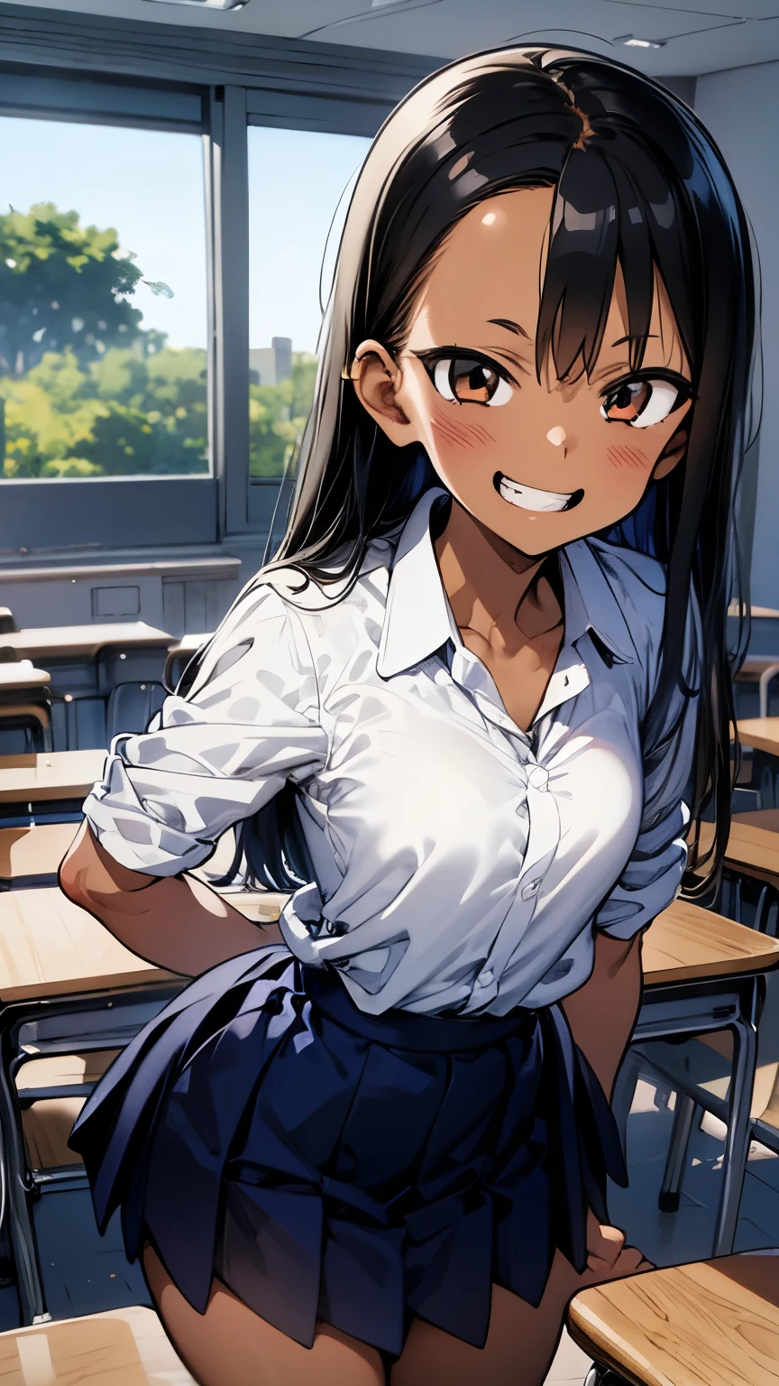 { masterpiece : best quality : high resolution : unity 8k wallpaper : illustration : beautiful detailed eyes : extremely detailed face : perfect lighting : extremely detailed CG : perfect hands : perfect anatomy } {} { classroom }  { 1girl : Nagatoro : cute_face : long_hair : dark_skin : ****con  : Perfectly_small_shaped_breast : Perfectly_fit_body  : grin : school_uniform } { standing }