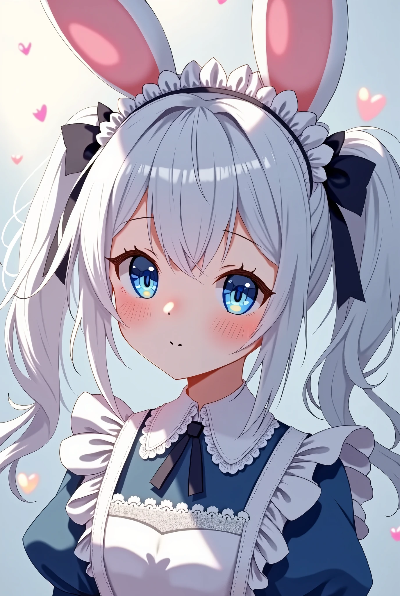 score_9, score_8_superior, score_7_superior, score_6_superior,an anime inspired picture of a cat wearing pretty blue dress with white polka dots, 1girl, animal ears, solo, heart hands, heart, blue eyes, tail, cat ears, apron, blush, white background, long hair, cat tail, dress, looking at viewer