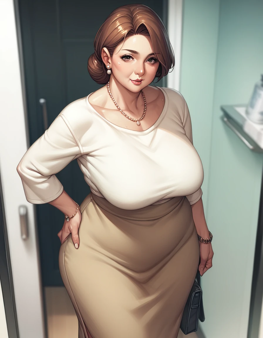 Scoring_9, Scoring_8_above, Scoring_7_above, source_anime,1 , mature woman, brown hair, curvy mom, wide hips, normal breast,(neutral expression:1.2), looking at the viewer, Standing, half full body view