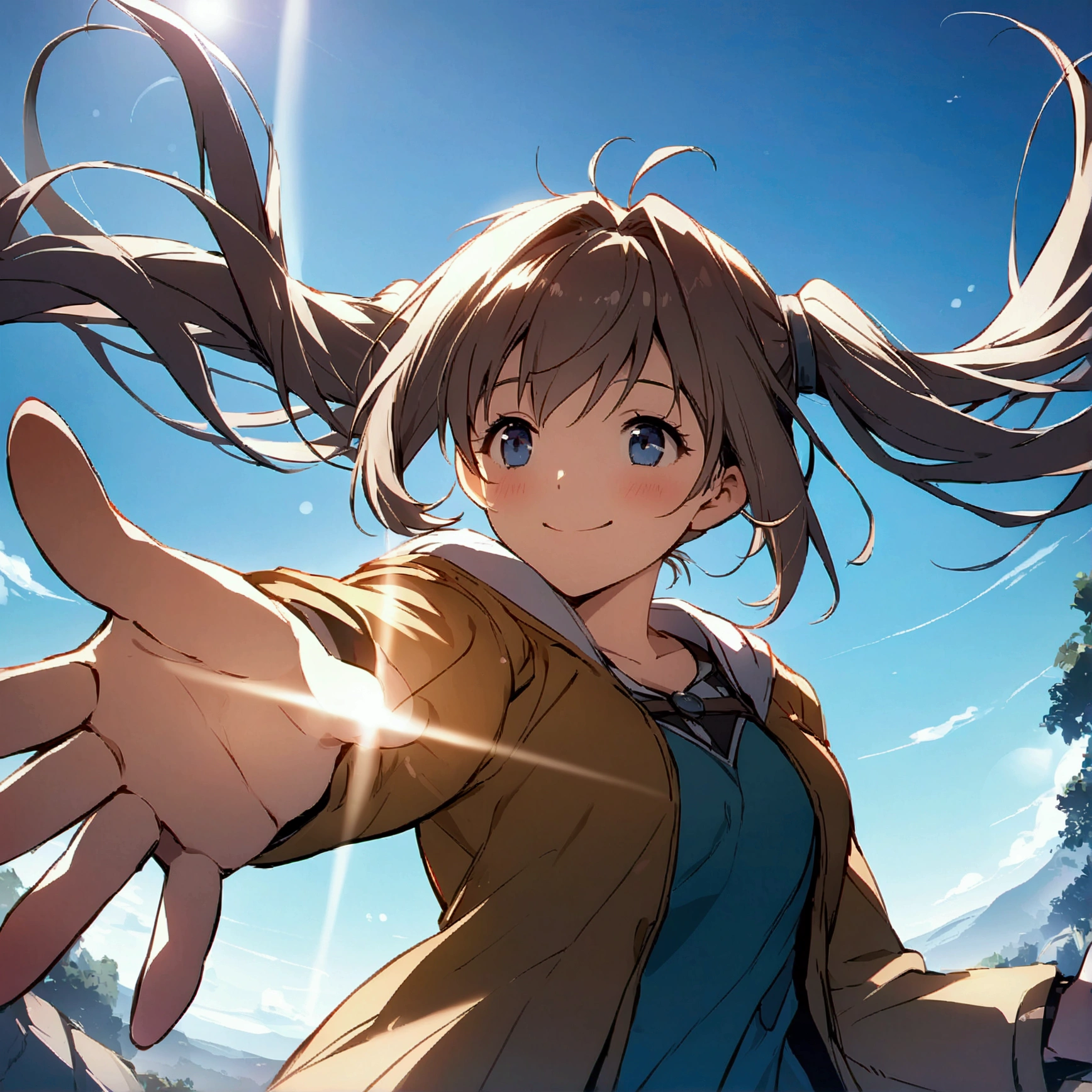 Hairstyle: Long twin tails、Background is sky、High image quality、Reaching out、Atmospheric Perspective、Lens Flare、blue sky、smile