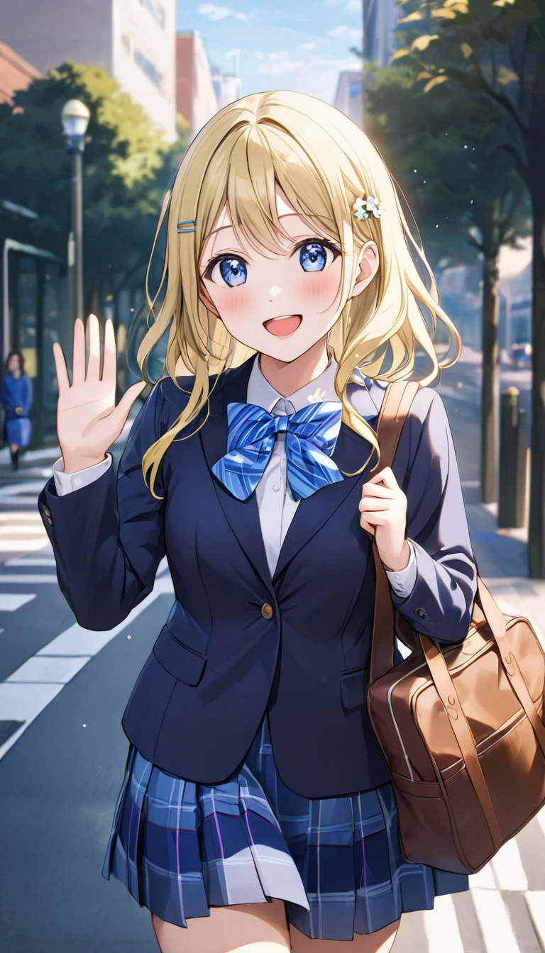 best quality, masterpiece, highres, solo,{ayase_arisa_lovelive:1.15}, blonde_hair, blue_eyes, long_hair, hair_ornament, blush, hairclip, smile, otonokizaka school uniform,winter uniform, striped bow tie, navy blue blazer, blue striped skirt, open mouth,walking, school commute,waving,morning