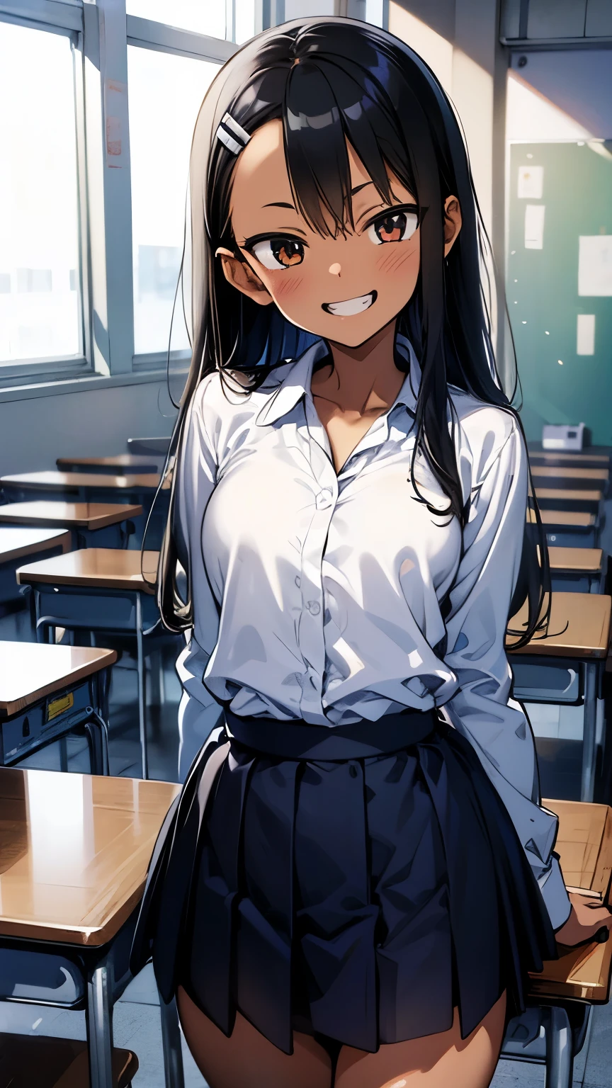 { masterpiece : best quality : high resolution : unity 8k wallpaper : illustration : beautiful detailed eyes : extremely detailed face : perfect lighting : extremely detailed CG : perfect hands : perfect anatomy } {} { classroom }  { 1girl : Nagatoro : cute_face : long_hair : dark_skin : lolicon  : Perfectly_small_shaped_breast : Perfectly_fit_body  : grin : school_uniform } { standing }