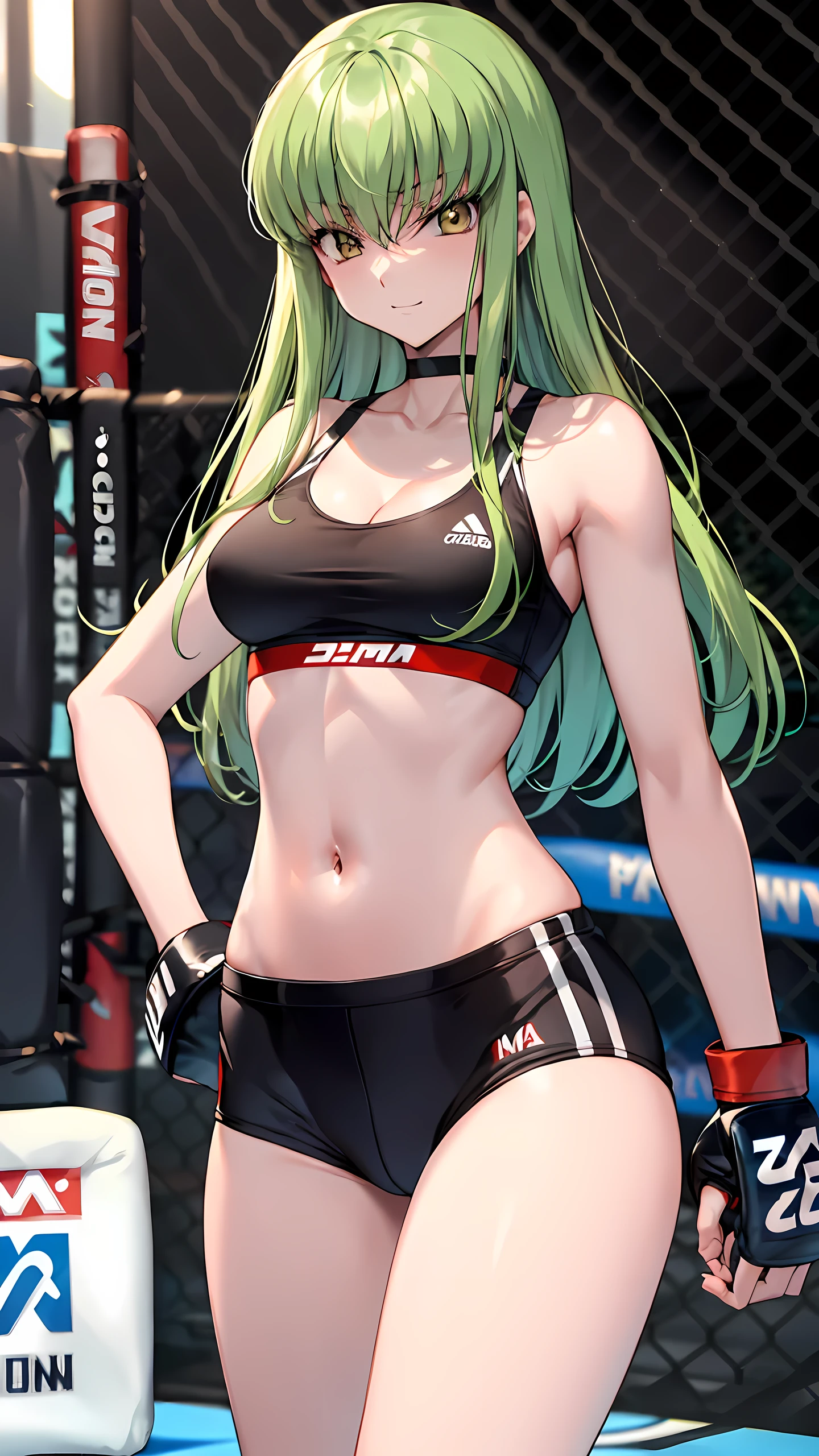 CC_Code Geass, Hair between the eyes, Very long hair 1 person, Bright light, smirking, alone, cowboy shot, winning pose, (masterpiece, Highest quality), 8k, Intricate details, (on MMA Arena :1.5), (wearing MMA uniform:1.5, white sports bra:1.5, black short spats:1.5, wearing MMA gloves:1.3, no sleeves), cleavage, belly button, slender body, slim,((Highest quality)), Sharp focus: 1.2, Highly detailed face, Highly detailed eye,Toned stomach,long legs, from front, looking at viewer,