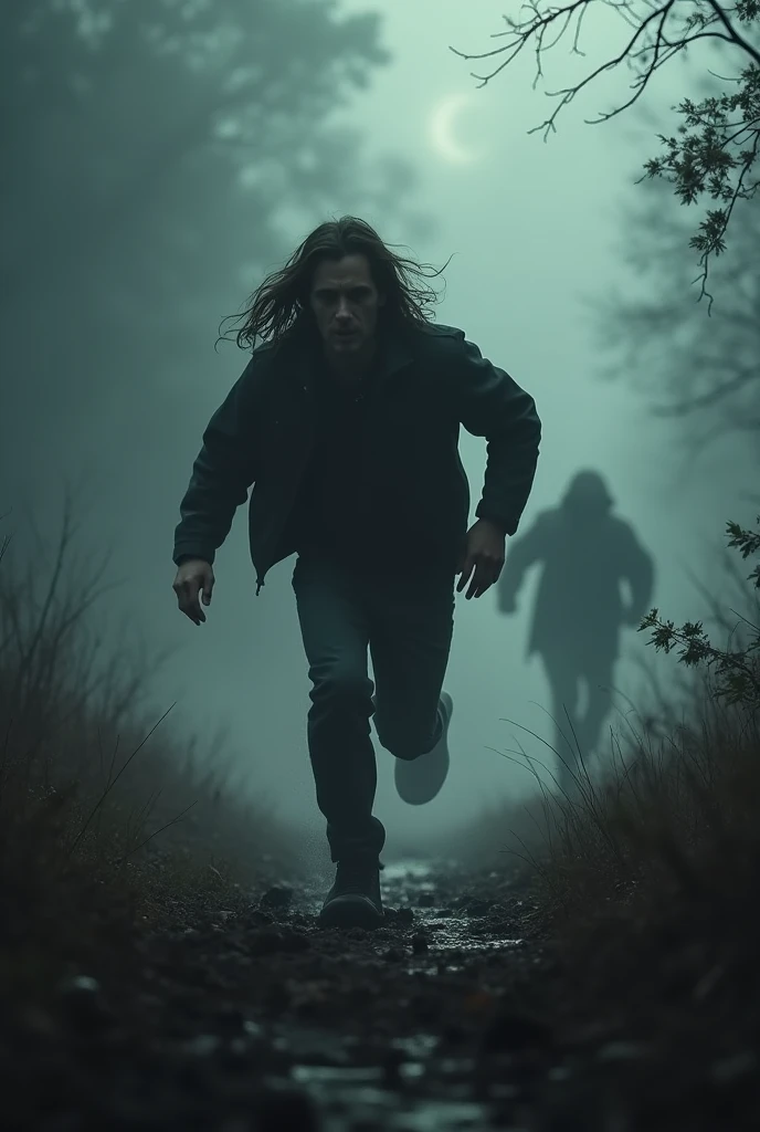 A young man is running with a scared face with his back to a thick foggy forest and there is a woman waving from behind him.