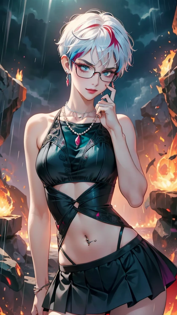 8k, masterpiece, best quality, highly detailed, 1 girl, tiefling, warlock, pixie cut, multicolored hair, very short straight hair, red highlight hair on white hair, strippled hair, wearing glasses, round glasses, earrings, navel piercing, red eyeshadow, long eyelashes, blushed cheek, red lips, pearl necklace, rings, collarbone, mole on face, glamorous, teal and black clothes, sleeveless, miniskirt, laced dress, smirk, close up view, rings, looking at viewer, standing, stromy, rain, heavy weather, casting spells.