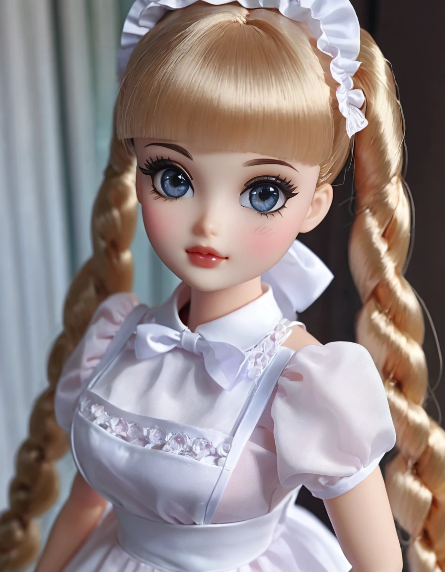 (masterpiece, Best quality: 1.2), 1twintails barbie doll,doll，Colloid， Exquisite eyes, Wide hips, Colloid皮肤，(Wearing Maid dress)，Huge natural breasts，