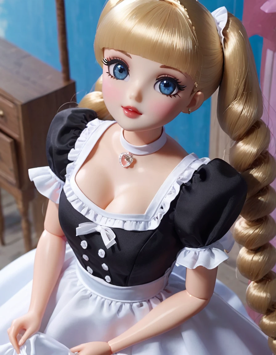 (masterpiece, Best quality: 1.2), 1twintails barbie doll,doll，Colloid， Exquisite eyes, Wide hips, Colloid皮肤，(Wearing Maid dress)，Huge natural breasts，