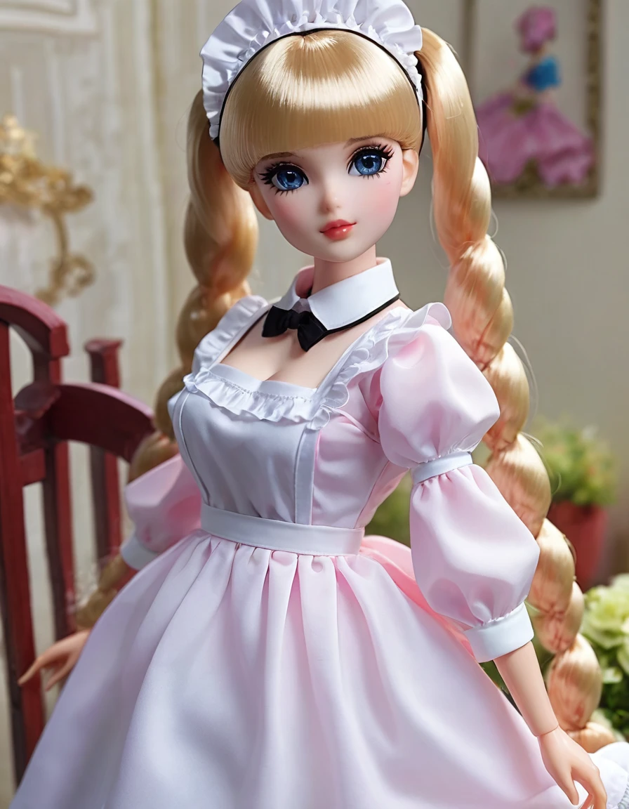 (masterpiece, Best quality: 1.2), 1twintails barbie doll,doll，Colloid， Exquisite eyes, Wide hips, Colloid皮肤，(Wearing Maid dress)，Huge natural breasts，