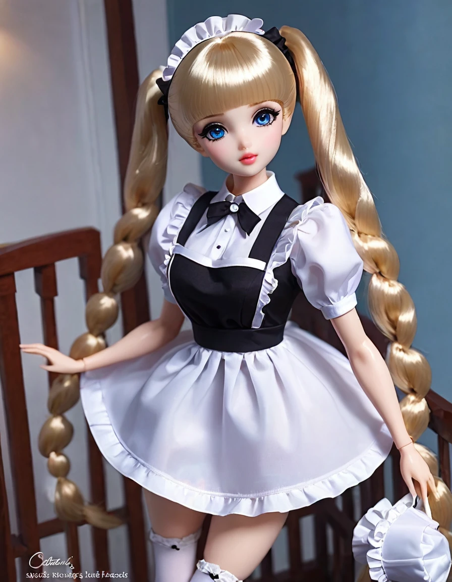 (masterpiece, Best quality: 1.2), 1twintails barbie doll,doll，Colloid， Exquisite eyes, Wide hips, Colloid皮肤，(Wearing Maid dress)，Huge natural breasts，