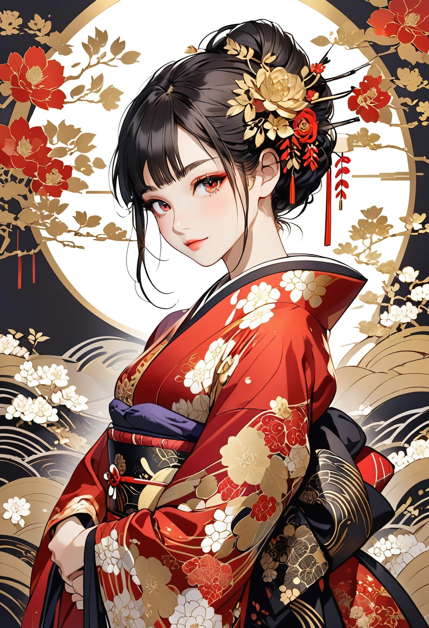Design an illustration of a beautiful young woman dressed in a traditional Japanese outfit, featuring a black and red kimono with elaborate floral patterns and gold accents. The character should have a serene expression, and the background should incorporate intricate golden floral designs for a luxurious look.